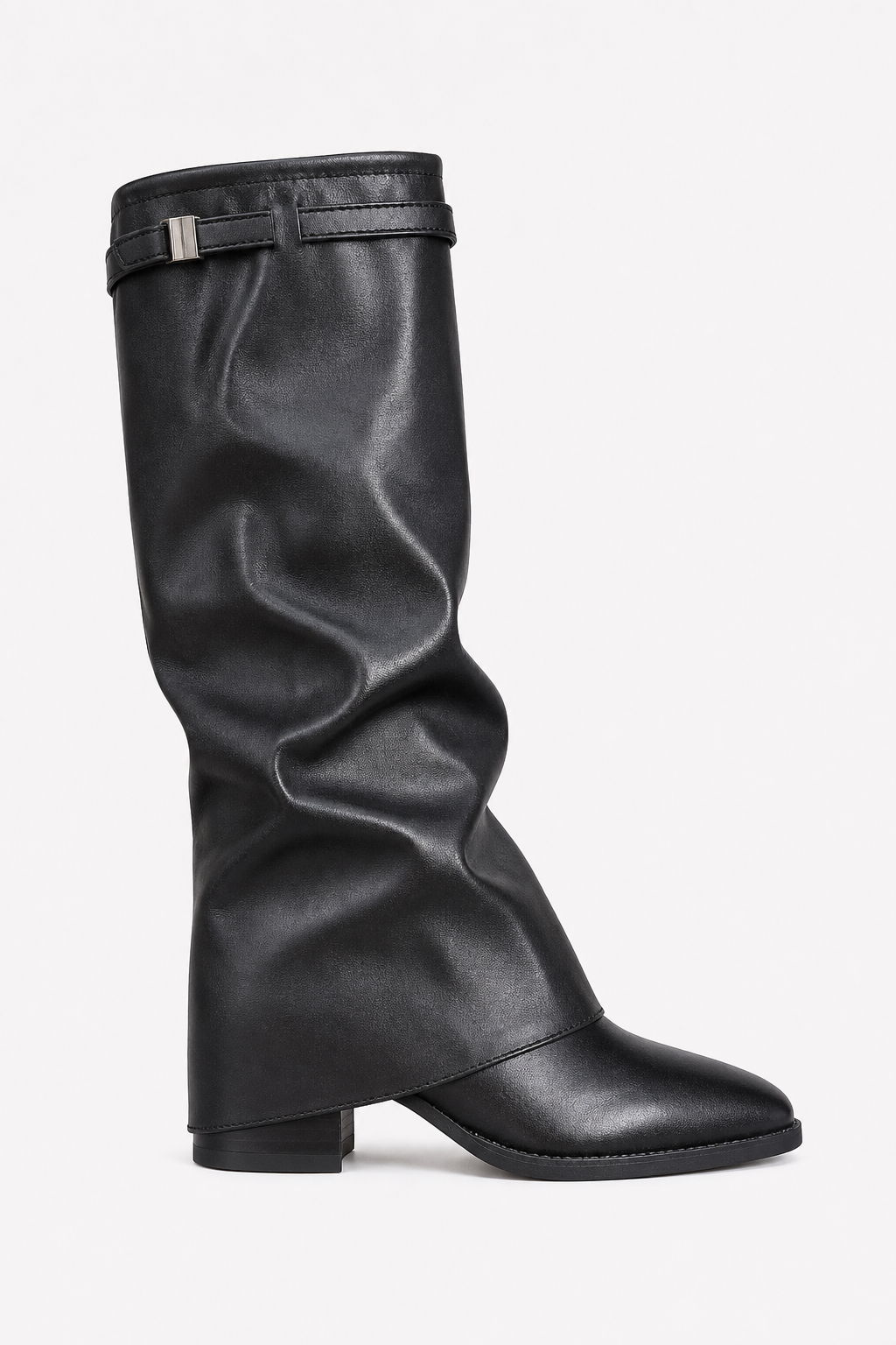 Bottes Montantes Plissées en Similicuir Noir à Boucle