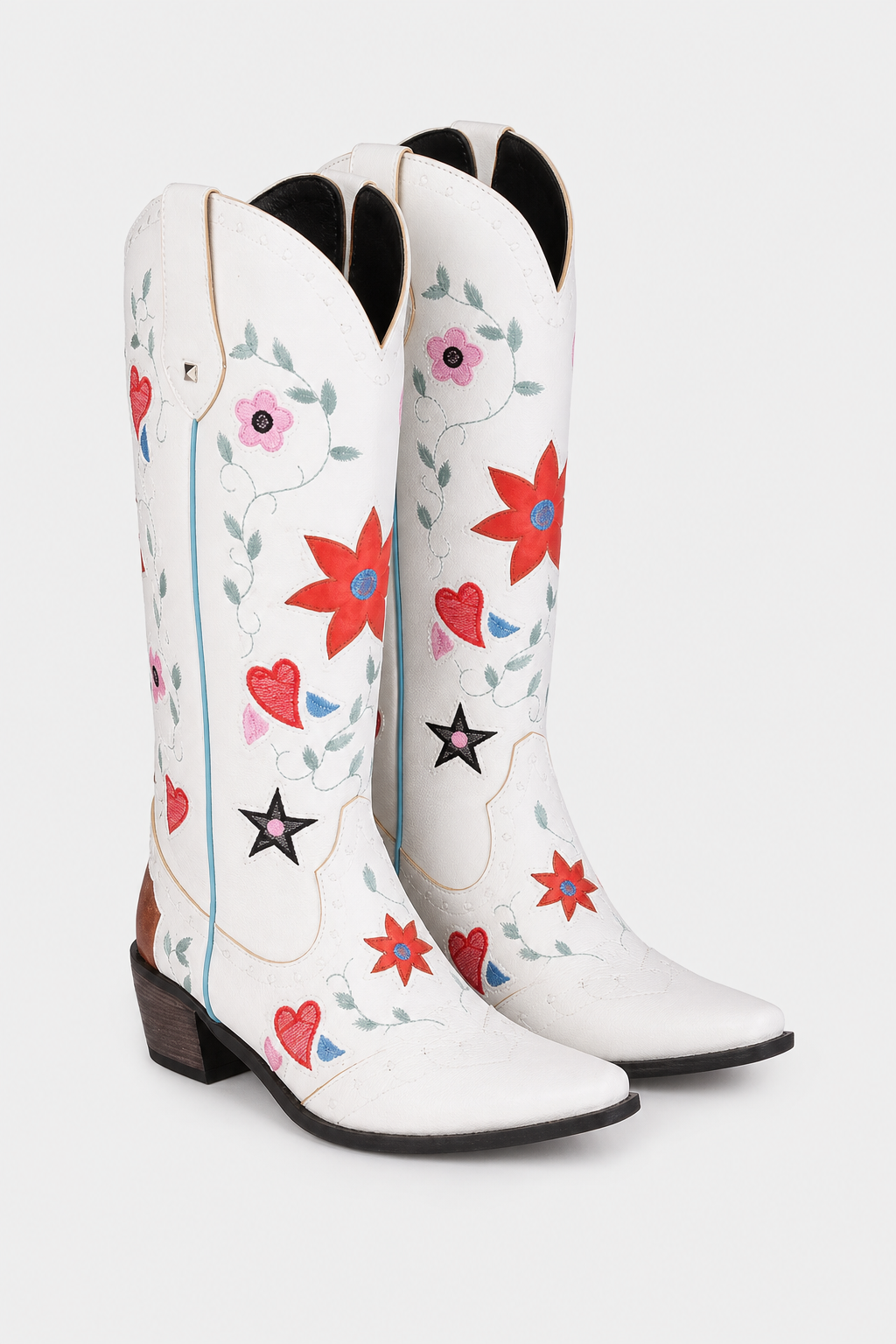 Bottes Santiags Blanches Brodées de Fleurs et Cœurs