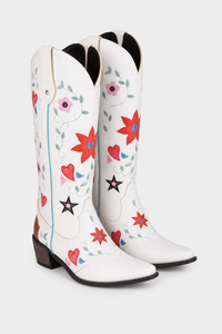 Bottes Santiags Blanches Brodées de Fleurs et Cœurs