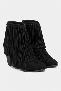 Bottes Mi-Mollet en Daim Noir à Franges Bohèmes