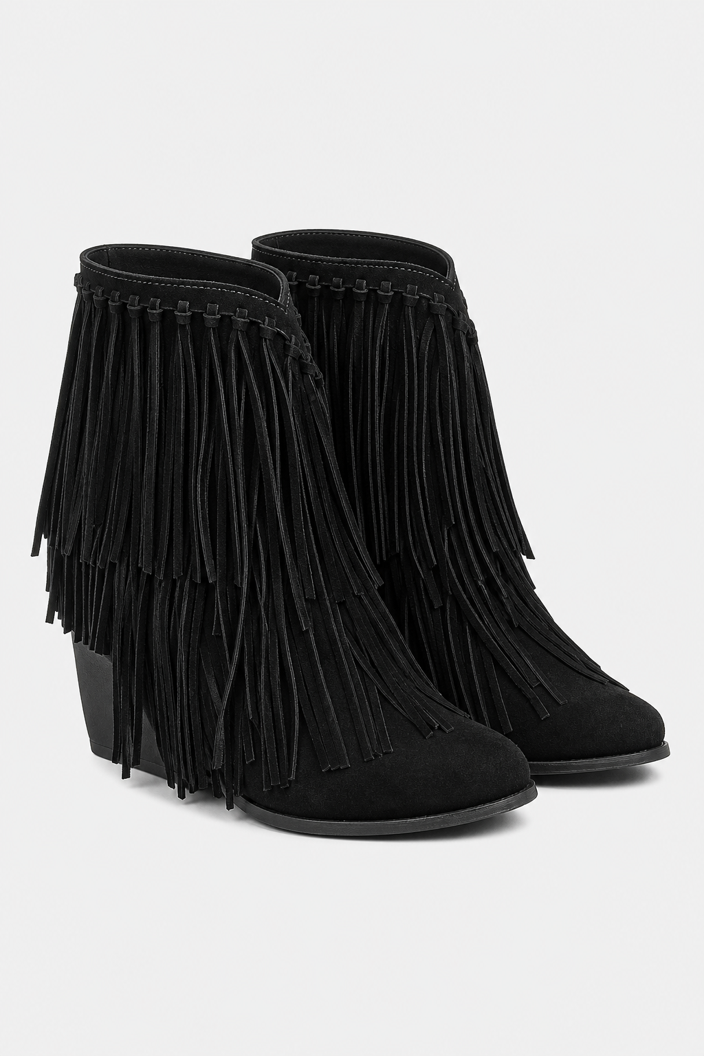 Bottes Mi-Mollet en Daim Noir à Franges Bohèmes