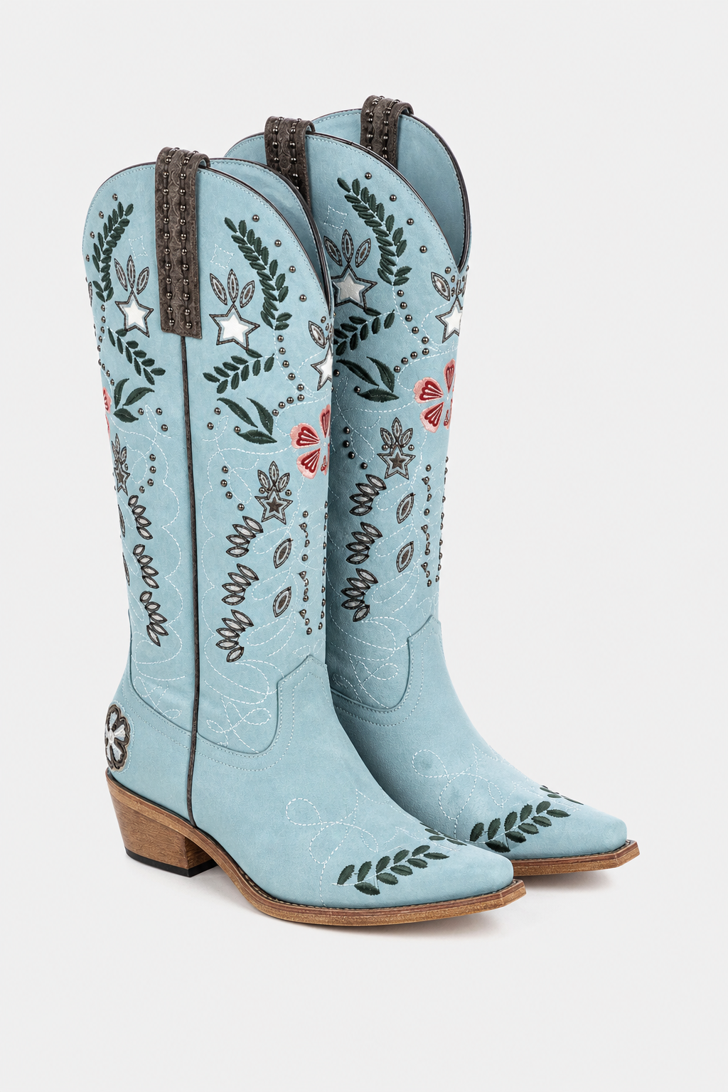 Bottes Santiags en Daim Bleu Ciel à Motifs Brodés