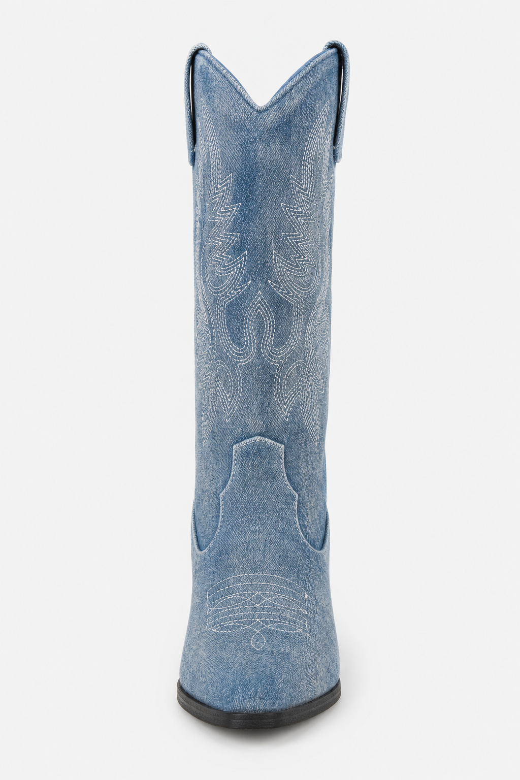 Bottes Santiags en Denim Bleu Délavé Brodées à Talon de 5 cm