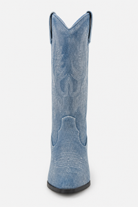 Bottes Santiags en Denim Bleu Délavé Brodées à Talon de 5 cm