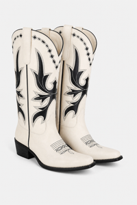 Bottes Santiags en Suédine Crème à Broderies Noires