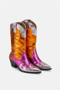 Bottes Santiags Métallisées Orange Fushia à Motifs Flammes