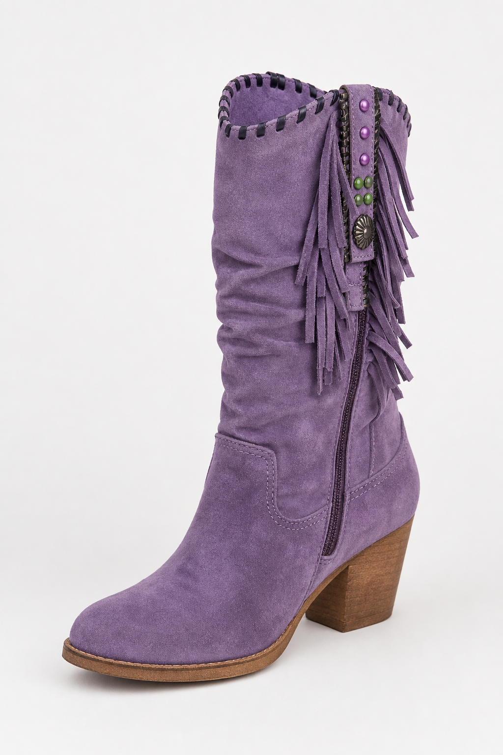 Bottes Western en Daim Violet à Franges Mi-Mollet