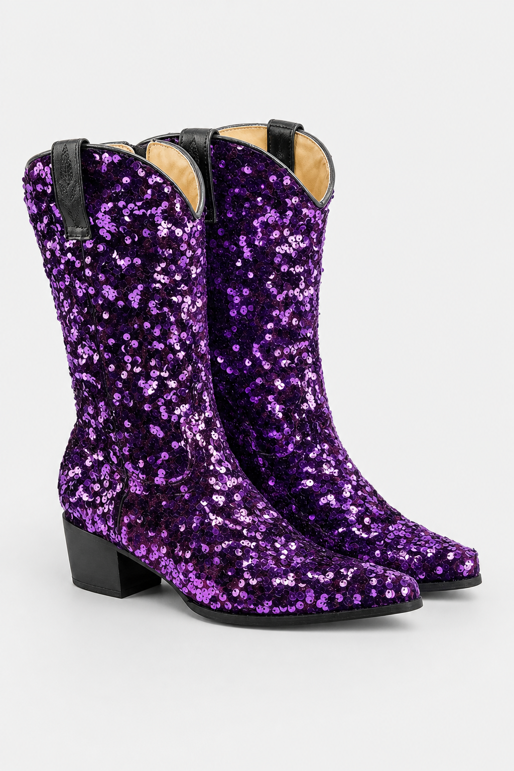 Bottes Santiags Mi-Mollet à Paillettes Violettes