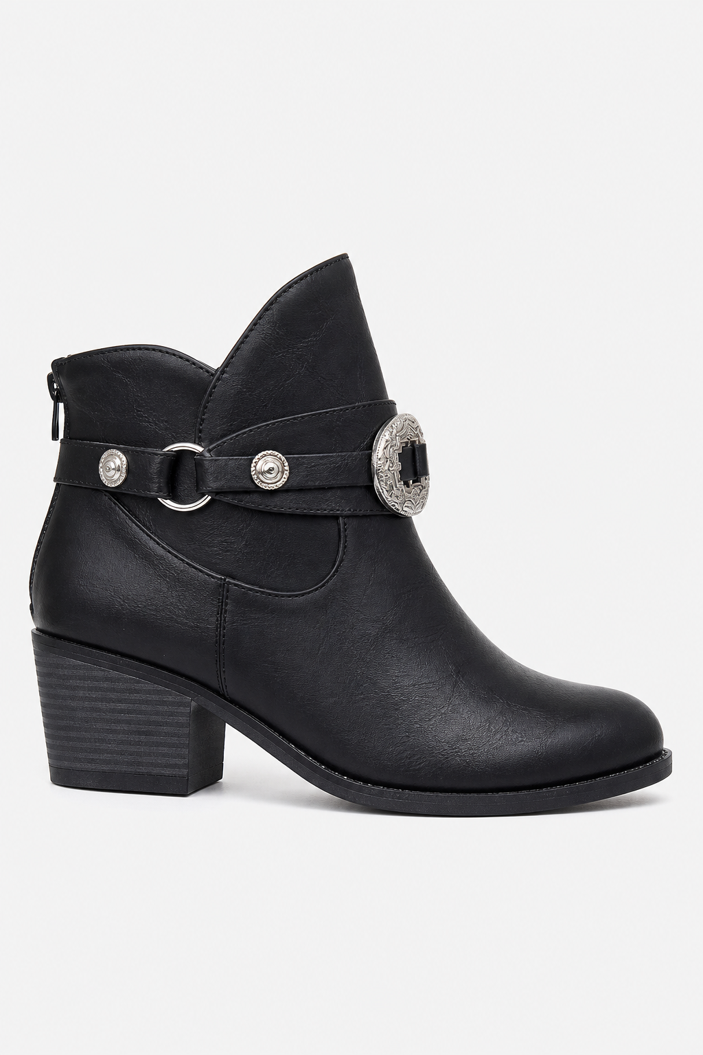 Bottines Noires Style Western à Boucles Argentées