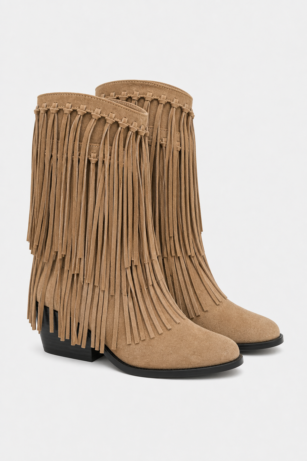 Bottes Santiags en Daim Camel à Franges Mi-Mollet