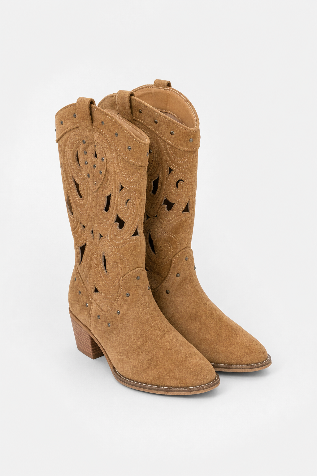 Bottes Santiags en Daim Camel Ajourées à Clous