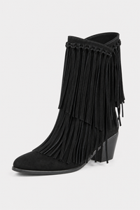 Bottes Mi-Mollet en Daim Noir à Franges Bohèmes
