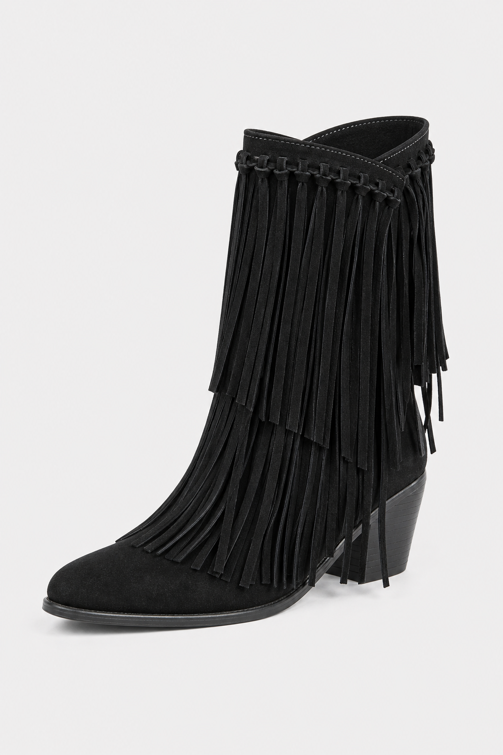 Bottes Mi-Mollet en Daim Noir à Franges Bohèmes