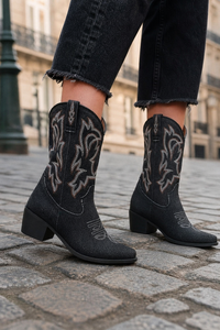 Bottes Santiags en Denim Noir à Broderies Western
