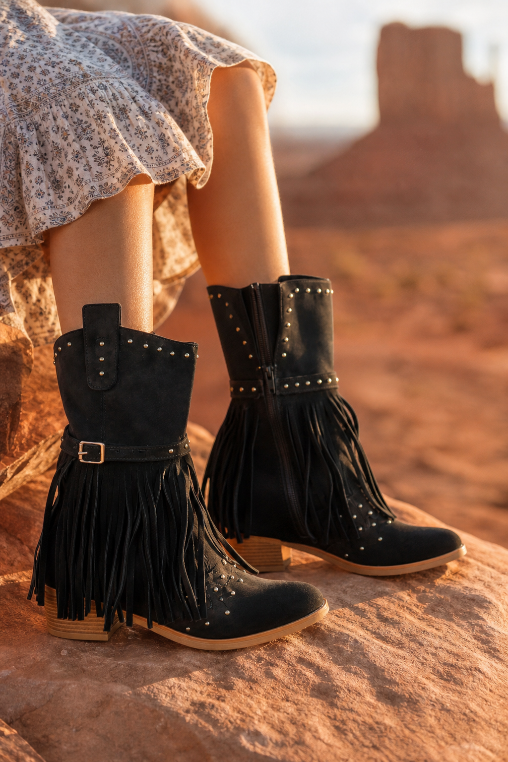 Bottes Western Noires en Daim à Franges et Clous