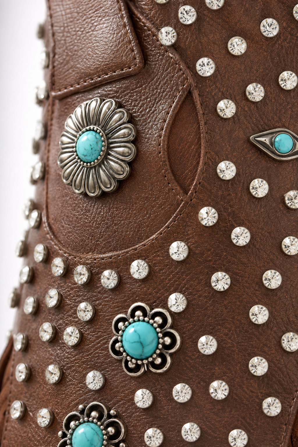 Bottes Santiags Cloutées Marron à Franges et Turquoise