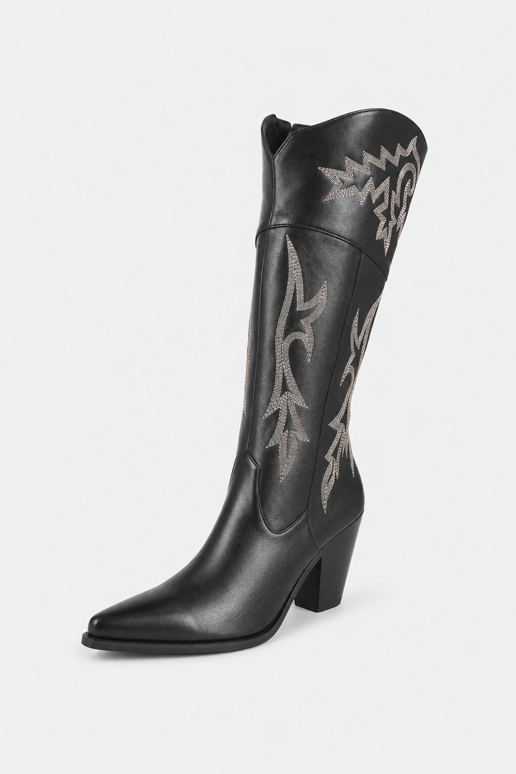 Bottes Santiags Hautes en Similicuir Noir à Broderies Argentées