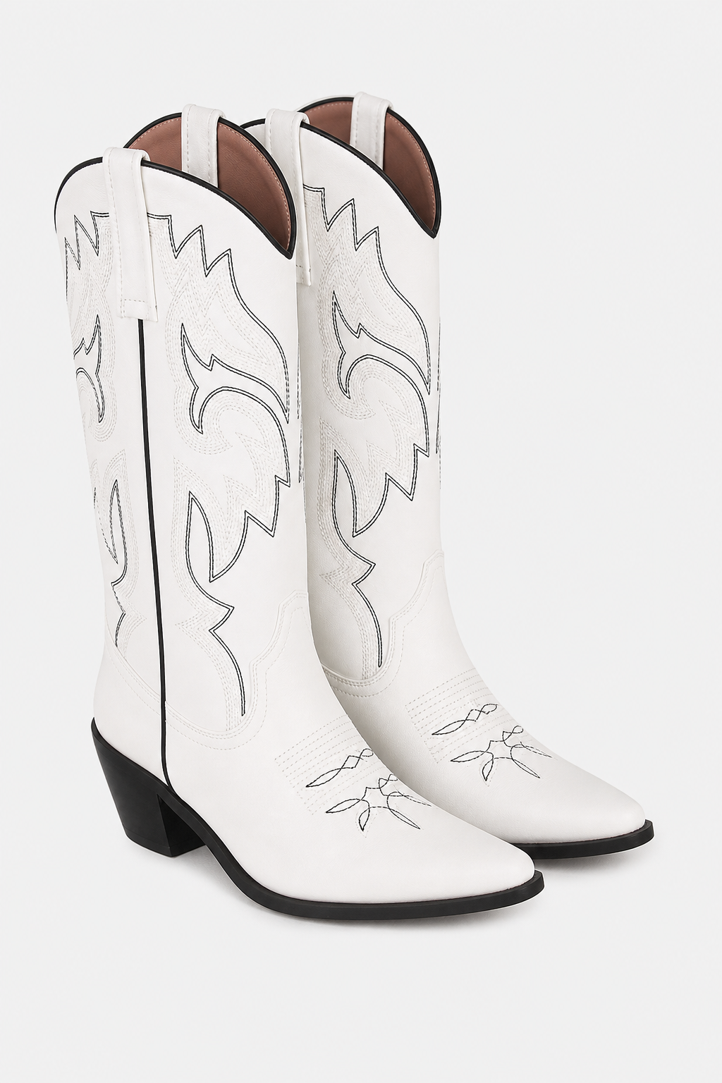 Bottes Santiags en Similicuir Blanc à Broderies Noires
