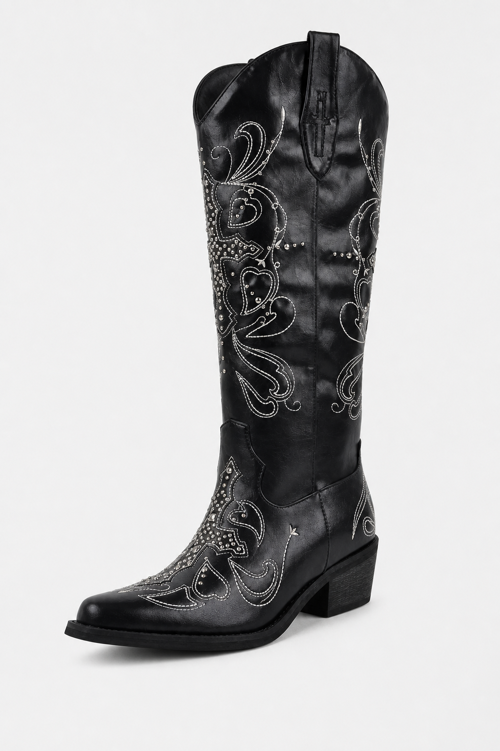 Bottes Santiags Noires à Broderies Blanches et Clous