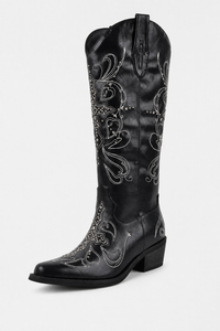 Bottes Santiags Noires à Broderies Blanches et Clous