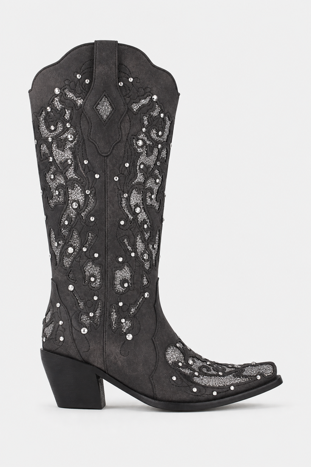 Bottes Santiags Grises en Daim à Motifs Brodés et Strass