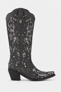 Bottes Santiags Grises en Daim à Motifs Brodés et Strass