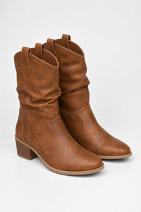 Bottines Style Western en Similicuir Camel Froissé