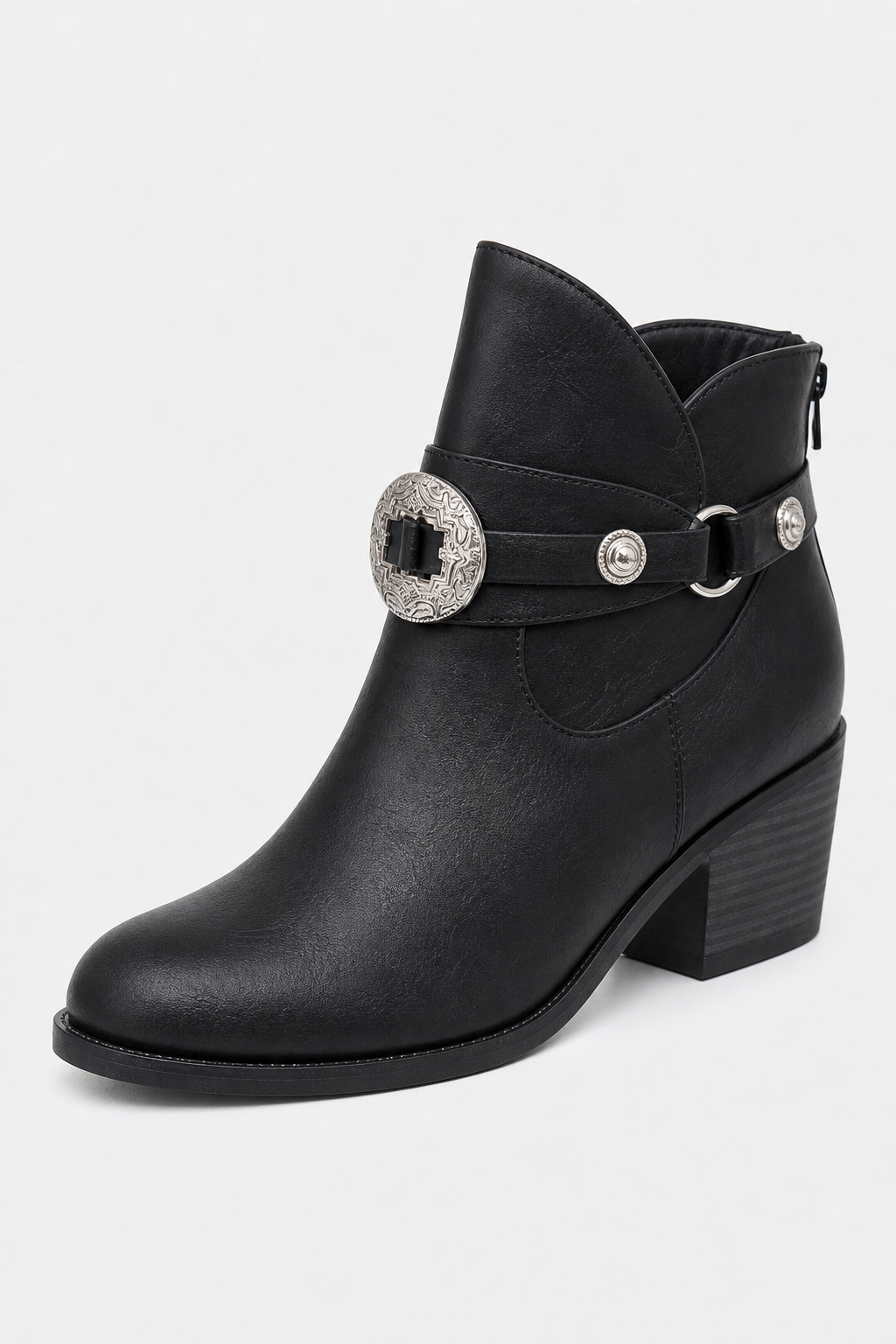 Bottines Noires Style Western à Boucles Argentées