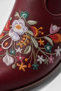 Bottes Santiags en Similicuir Bordeaux à Motifs Floraux