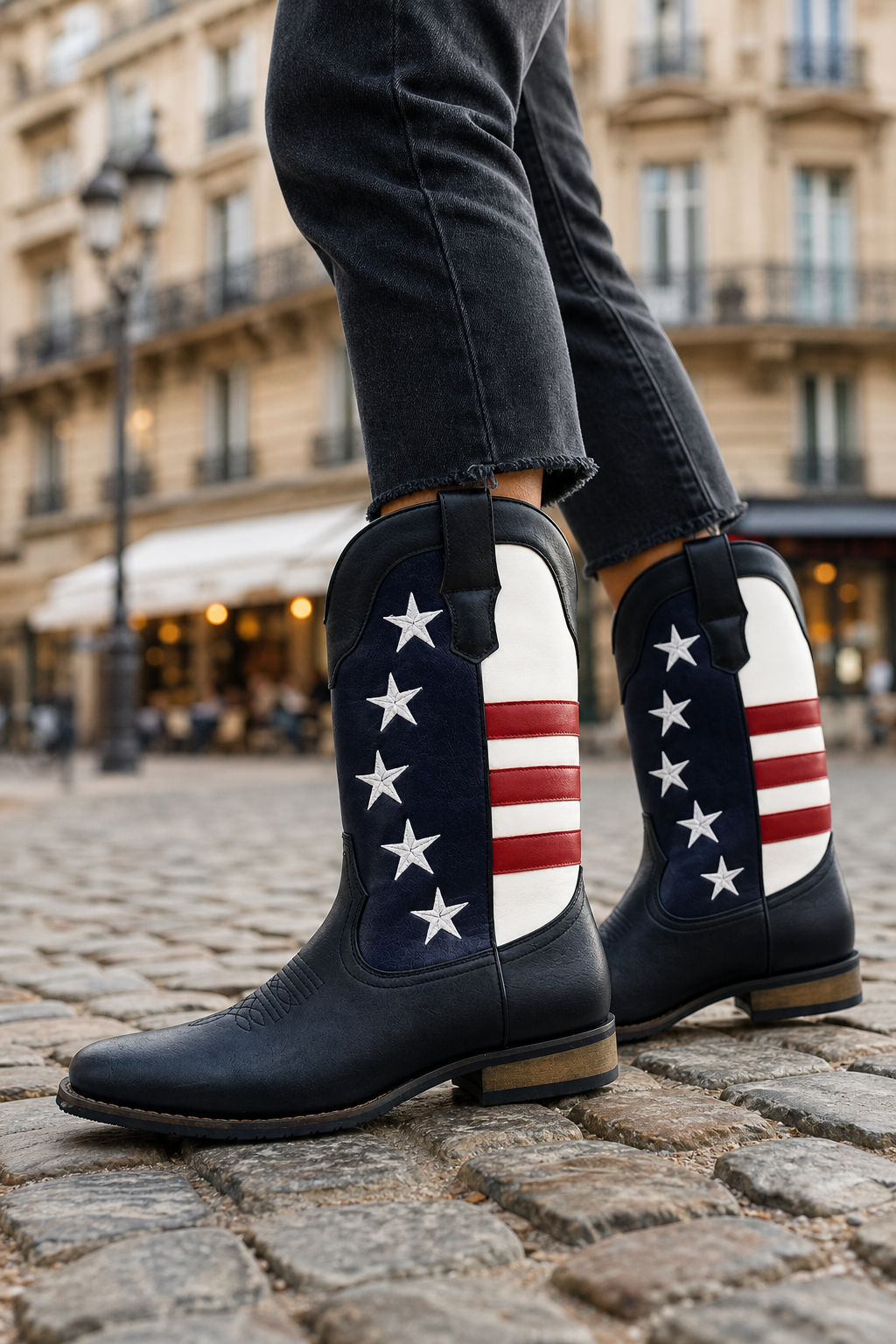 Botte de Cowboy Noire à Drapeau Américain et Étoiles