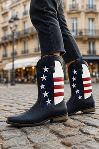 Botte de Cowboy Noire à Drapeau Américain et Étoiles