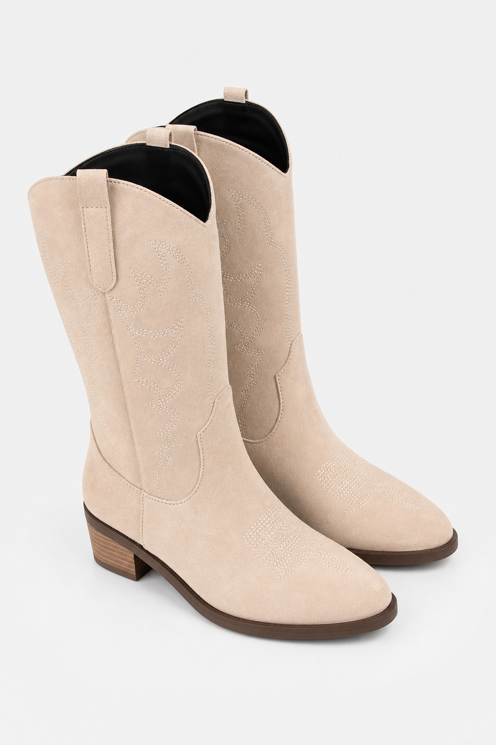 Bottes Montantes Santiags en Daim Beige à Broderies