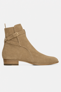 Bottine en Daim Taupe à Bride Bouclée