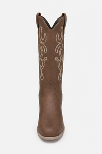Bottes Santiags Marron à Broderies Blanches Mi-Mollet