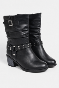 Bottes Noires Plissées à Brides Cloutées et Talon Bloc