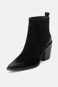 Bottines Santiags en Daim Noir à Bout Pointu et Talon Bloc