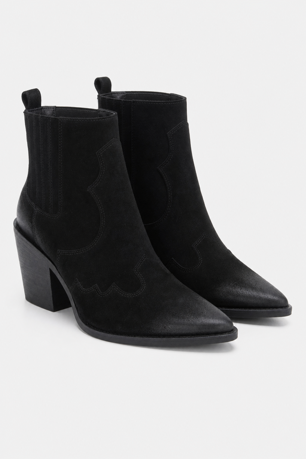 Bottines Santiags en Daim Noir à Bout Pointu et Talon Bloc