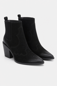 Bottines Santiags en Daim Noir à Bout Pointu et Talon Bloc