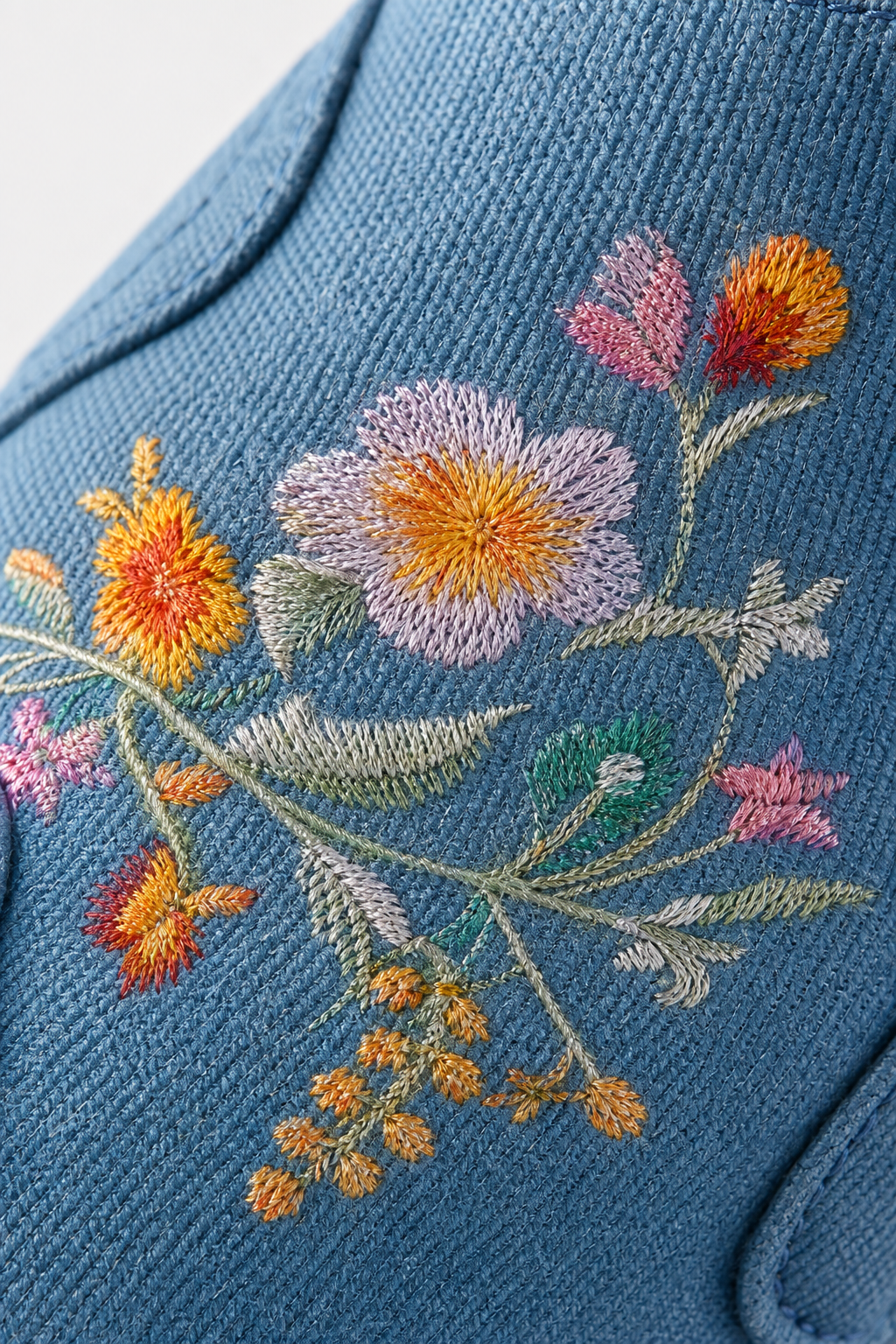 Bottes Santiags en Denim Bleu Clair à Motifs Floraux Brodés