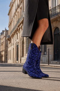 Bottes Santiags à Paillettes Bleu Royal à Talon de 5 cm