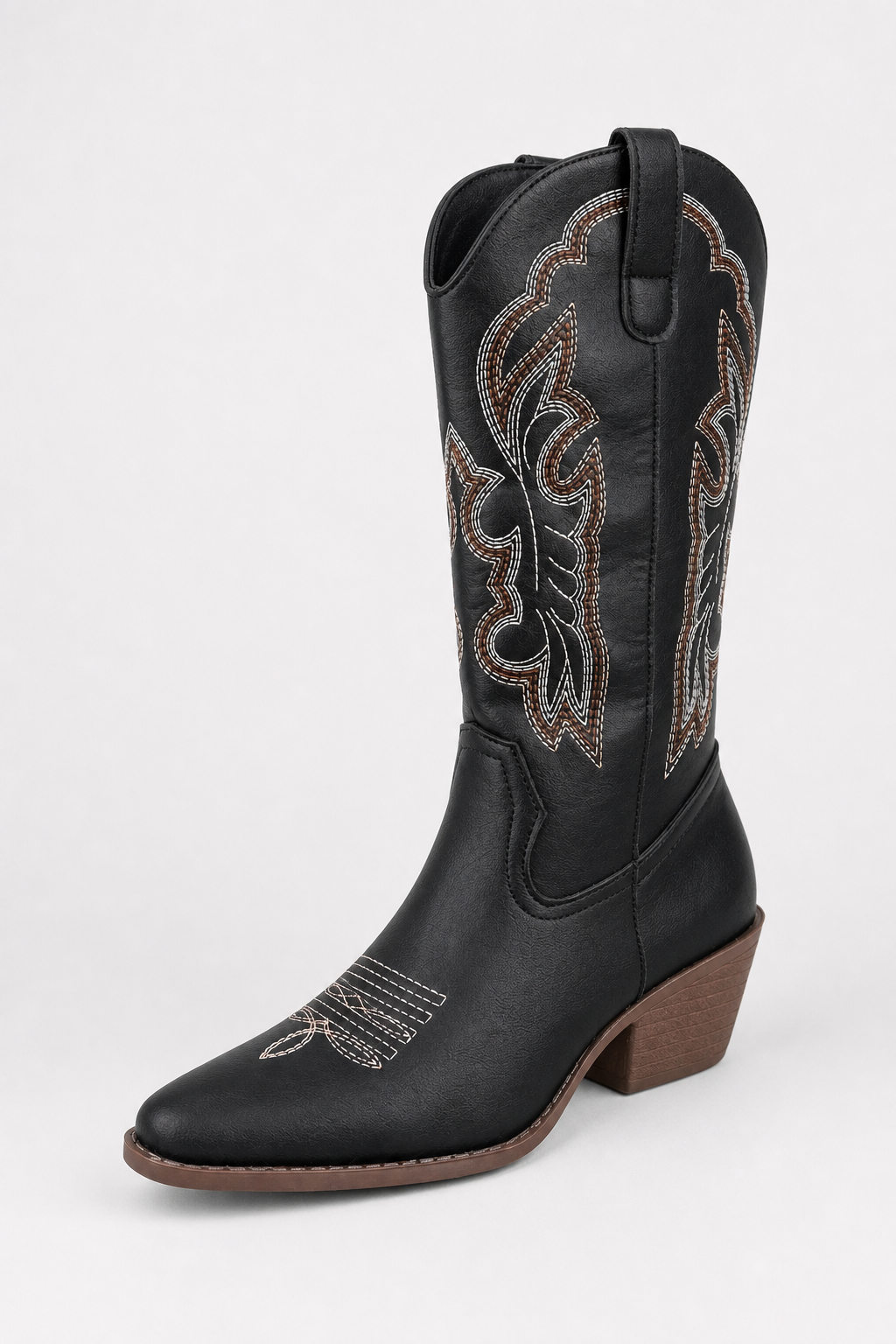 Bottes Santiags Mi-Mollet Noires à Broderies Blanches et Marron