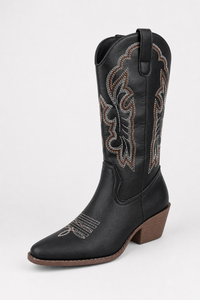Bottes Santiags Mi-Mollet Noires à Broderies Blanches et Marron