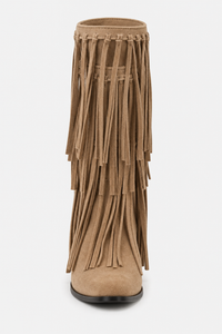 Bottes Santiags en Daim Camel à Franges Mi-Mollet