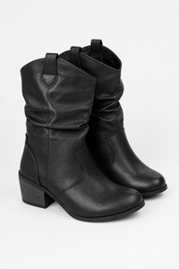 Bottes en Similicuir Noir Froncées à Talon Carré