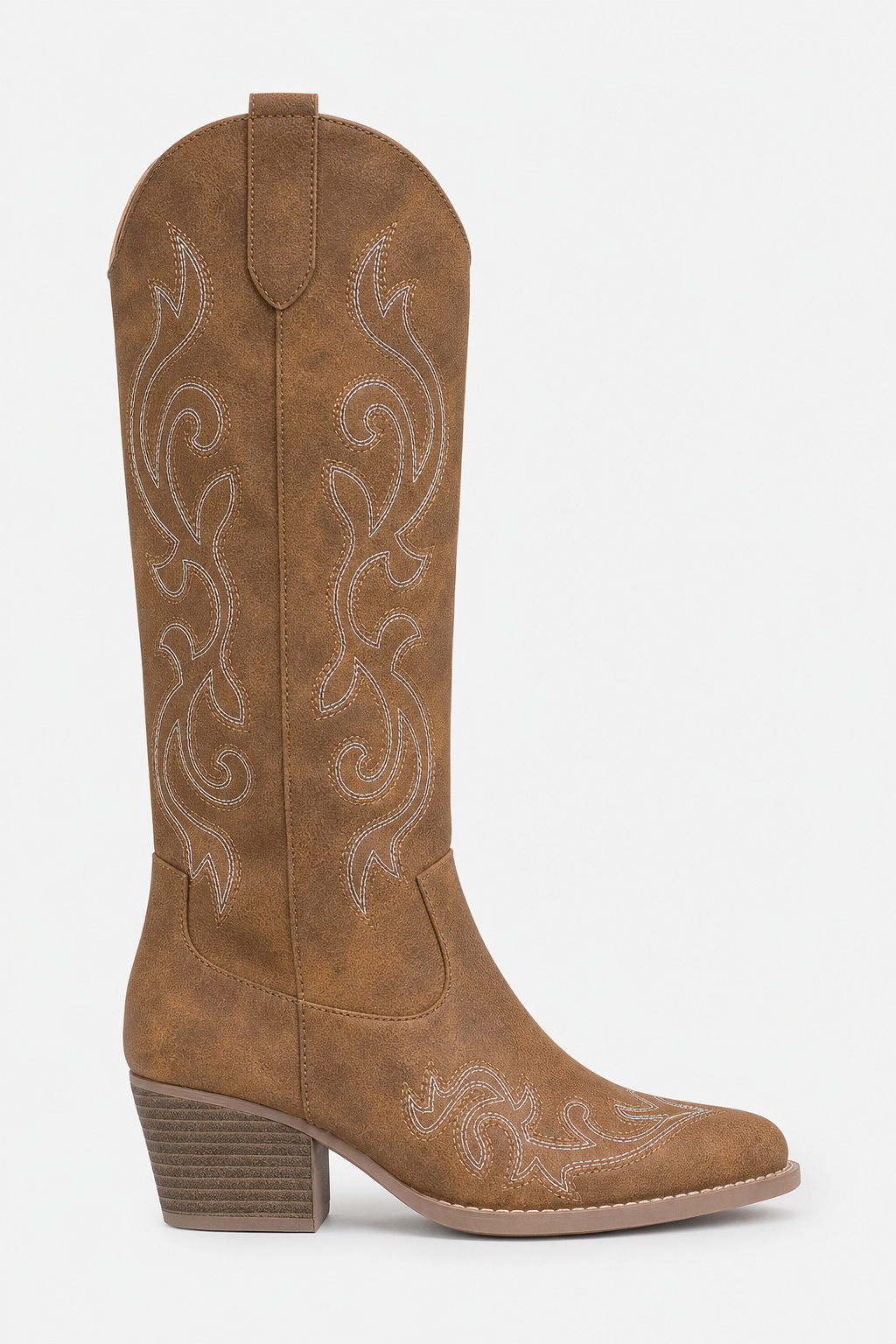 Bottes Santiags Marron en Similicuir à Broderies Blanches