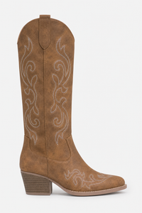 Bottes Santiags Marron en Similicuir à Broderies Blanches
