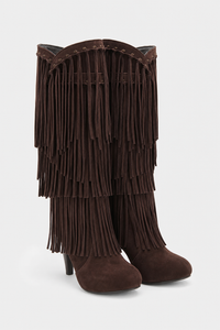 Bottes Hautes en Daim Marron à Franges et Talon