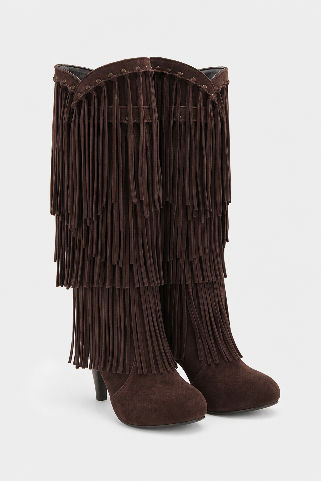 Bottes Hautes en Daim Marron à Franges et Talon