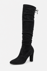 Bottes Cuissardes Noires en Daim Plissées à Talon Bloc