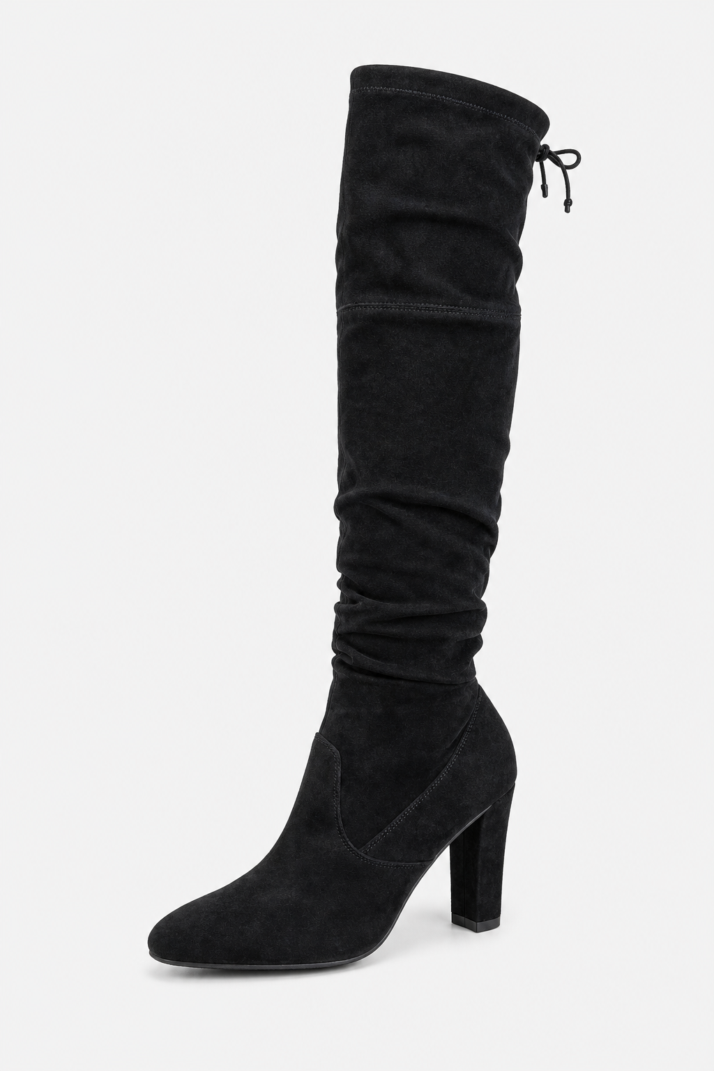 Bottes Cuissardes Noires en Daim Plissées à Talon Bloc